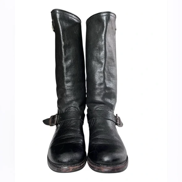 Frye Tall Black Veronica Slouch Black Leather Riding Boots Buckles Size Sz 6.5 - Picture 7 of 16